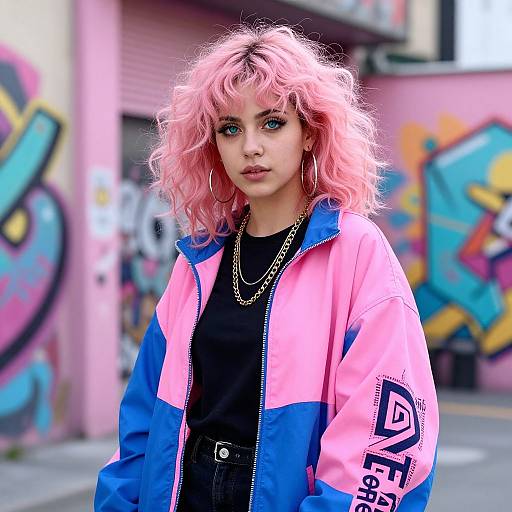 Photograph of a young woman with pink curly hair, blue and pink jacket, black shirt, chain necklace, standing in a colorful graffiti-laden urban