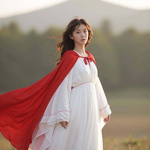 Photograph of an East Asian woman with long brown hair, wearing a white dress and red cape, standing in a sunlit field with mountains and trees