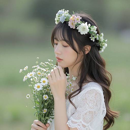 Young Asian woman with long, wavy brown hair, wearing a white lace dress, floral crown, holding daisies, softly smiling in a green