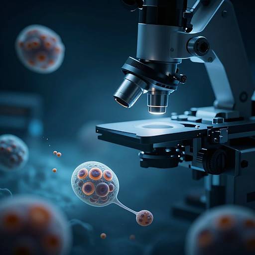 Photograph of a microscope focusing on spherical, orange and white virus-like particles floating in a blue-lit laboratory background.