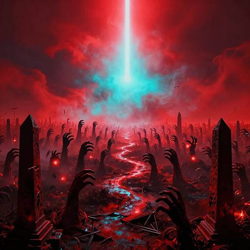 Digital artwork: Red, smoky graveyard with upright tombstones, eerie glowing eyes, and a bright blue-white light piercing the dark sky.