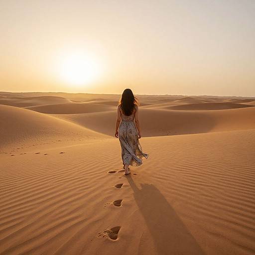 Photograph of a woman with long dark hair, wearing a white sundress, walking alone in a golden desert at sunset, leaving footprints in the