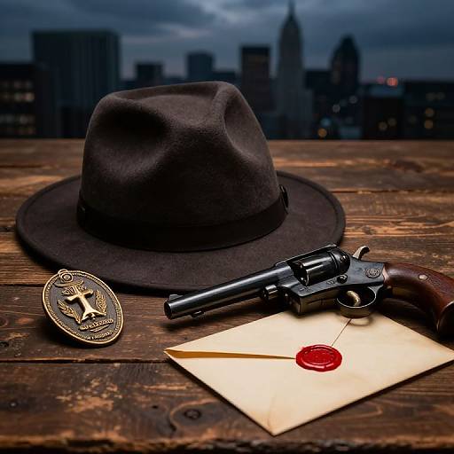 Photograph of a black fedora, vintage revolver, sheriff's badge, and sealed envelope with wax seal on wooden table, city skyline in background.