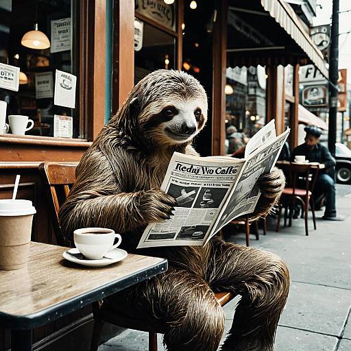 Sloth Reading Newspaper at Retro Café