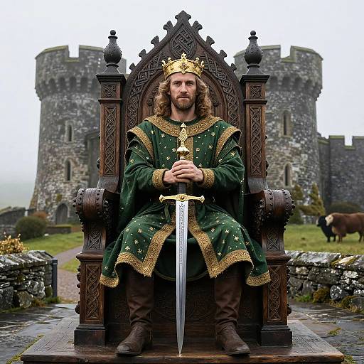 Photograph-style digital illustration of a bearded king with long hair, green and gold robe, golden crown, and sword, seated on an ornate