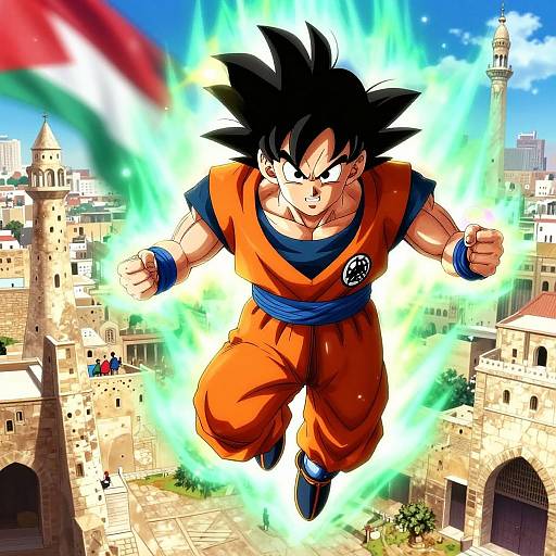 Digital anime-style drawing of Super Saiyan Goku, with spiky black hair, orange gi, and blue sash, flying above a medieval cityscape