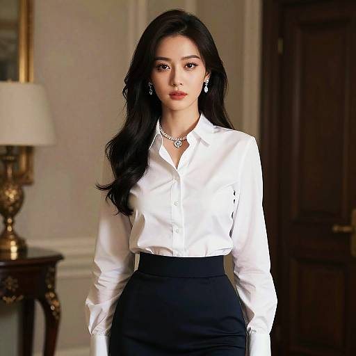 Photograph of an East Asian woman with long black hair, wearing a white button-up shirt and black skirt, standing in a luxurious, warmly-lit