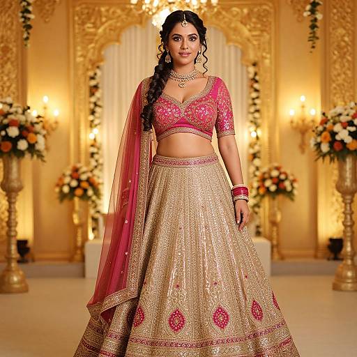 Photograph of a South Asian woman in a pink and gold traditional lehenga, adorned with intricate embroidery, standing in an opulent golden room with floral