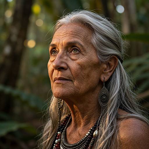 Photograph of an elderly Native American woman with long gray hair, wearing ornate black beaded necklaces and large earrings, looking thoughtfully into the