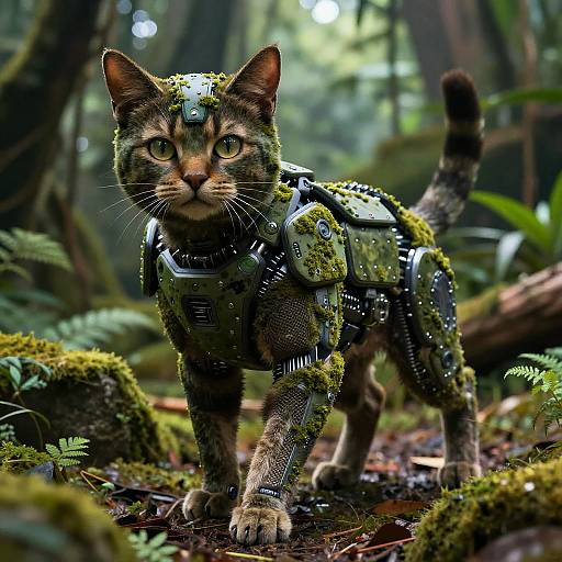 Photorealistic CGI of a tabby cat with cybernetic armor, covered in green moss, standing in a lush, forested area.