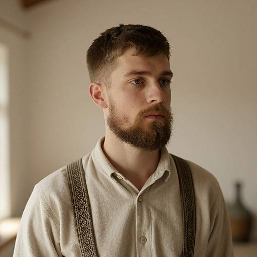 Photograph of a bearded white man with short brown hair, wearing a beige button-up shirt and brown suspenders, looking thoughtful in a softly lit