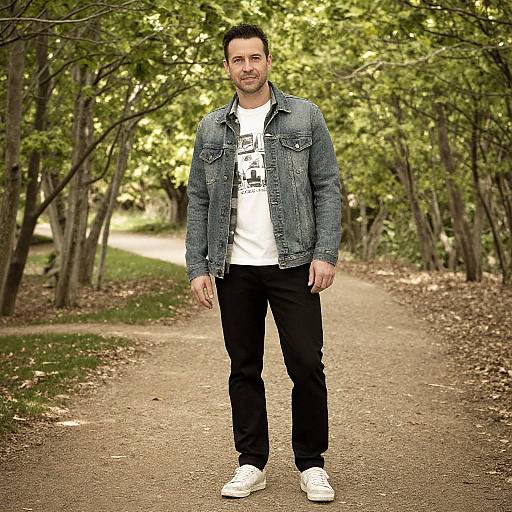 Photograph of a bearded man in a denim jacket, white t-shirt, black pants, and white sneakers standing on a wooded path.