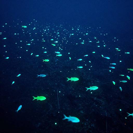 Photograph of a deep blue underwater scene with numerous small, glowing green and blue fish scattered throughout, creating a mesmerizing, bioluminescent effect
