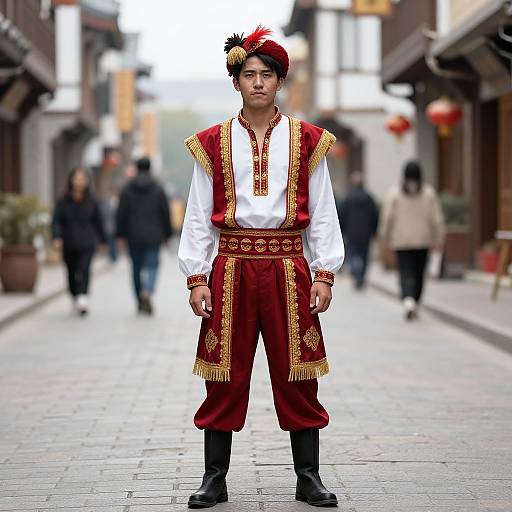 Photograph of an Asian boy in traditional red and gold embroidered peasant outfit with white shirt, black boots, standing on a cobblestone street with blurred