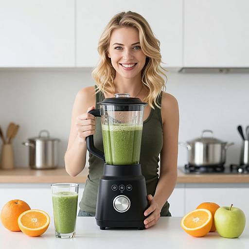 Blonde woman with wavy hair, green tank top, smiling, blending green smoothie in black blender, surrounded by oranges and apples on white kitchen