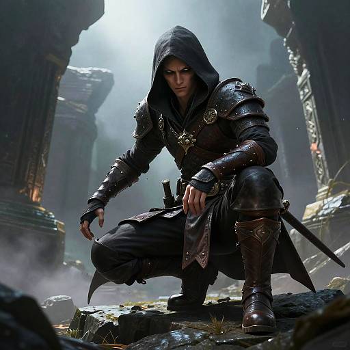 Stealthy Fantasy Rogue in Ancient Ruins