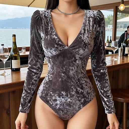 Photograph of a woman with long black hair wearing a deep V-neck, black velvet, long-sleeve bodysuit, standing in a bar