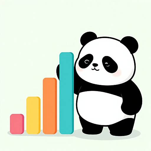 Cute cartoon panda stands next to colorful bar graph with pink, yellow, orange, and blue bars on white background.