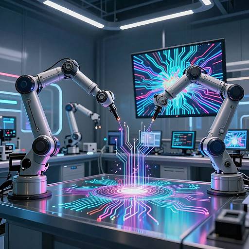 Digital CGI of a futuristic lab with robotic arms creating neon circuit patterns on a glowing table, under bright screens displaying vibrant, radiating light.