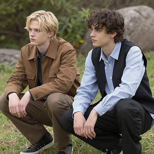 Two Young Men Sitting Outdoors on Grass