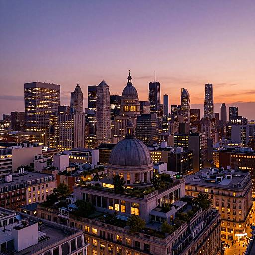 Photograph of a city skyline at sunset, featuring illuminated skyscrapers and a central dome-shaped building, with a gradient purple to orange sky.