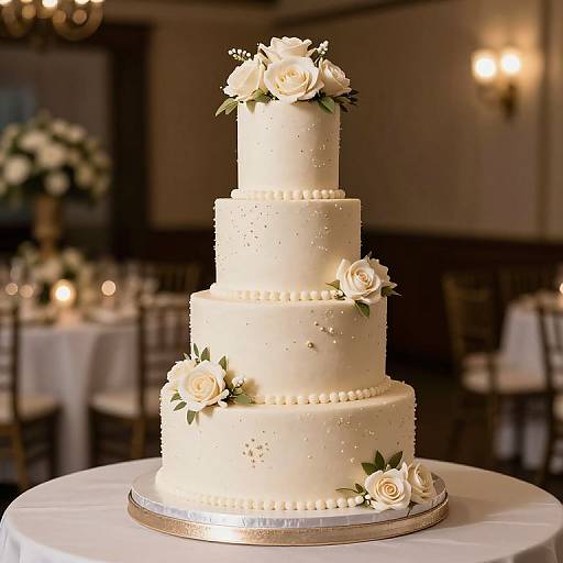 Photograph of a four-tiered white wedding cake adorned with pearl-like dots, cream roses, and green leaves, set on a white tablecloth in