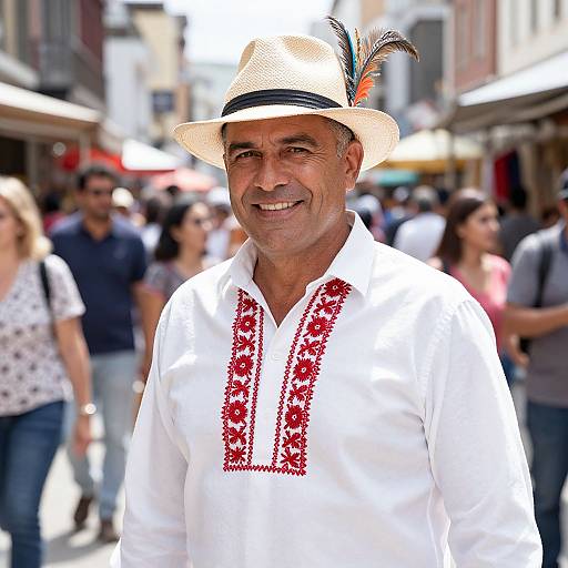 Confident Man in Embroidered Shirt and Straw Hat