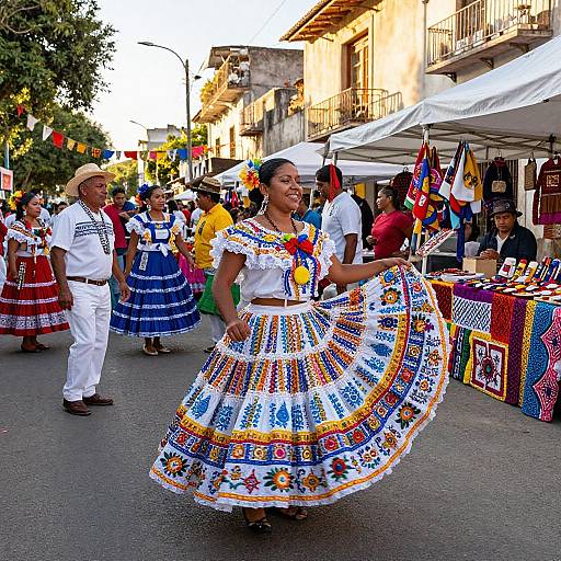 Colorful photograph of a Mexican dance parade: smiling woman in vibrant embroidered dress and white blouse, surrounded by dancers and market stalls.