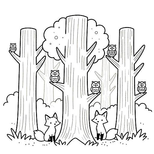 Black-and-white cartoon drawing of a forest with tall trees, three owls perched, and two cat-like creatures hiding behind bushes.