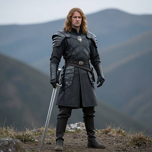 Photograph of a serious, long-haired man in medieval armor holding a sword, standing on a mountain path with misty hills in the background.
