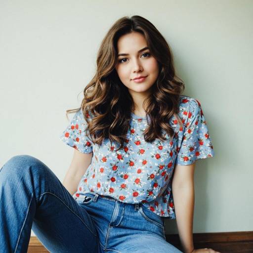 Casual Young Woman in Floral Top and Denim Jeans