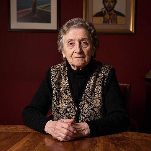 Photograph of an elderly woman with gray hair, wearing a black turtleneck and ornate gold vest, seated at a wooden table, with two