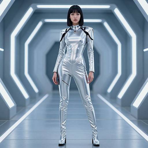 Photograph of a woman with black bob haircut in a shiny, silver, long-sleeve jumpsuit, standing in a futuristic, illuminated, hex