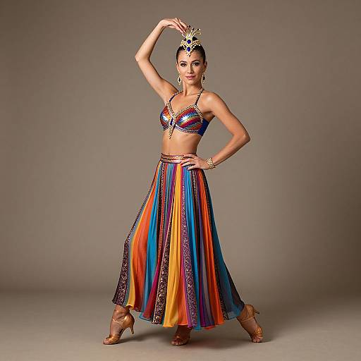 Photograph of a dancing woman in colorful traditional attire: vibrant striped skirt, beaded bra, gold jewelry, headpiece, and brown heels.