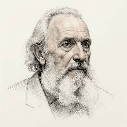 Detailed, realistic digital drawing of an elderly man with white hair, a long white beard, and a thoughtful expression, set against a white background.