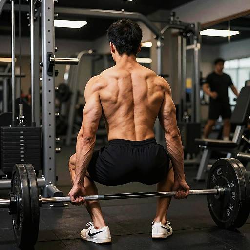 Photograph of a muscular, shirtless Asian man with short black hair, squatting with a barbell in a gym, wearing black shorts and white