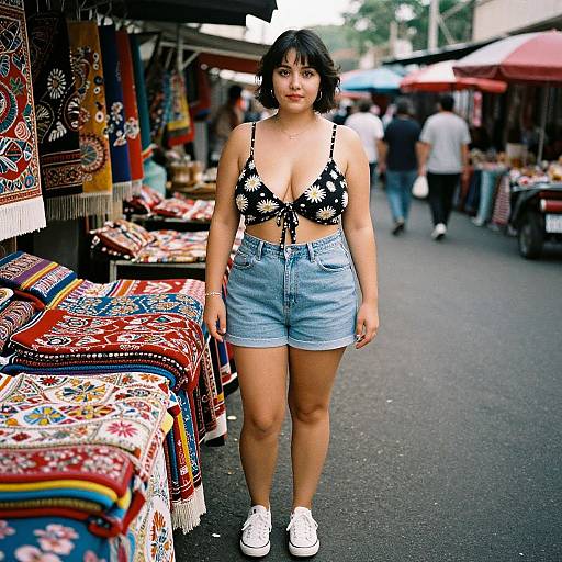 Photograph of an Asian woman with short black hair, wearing a black floral crop top and blue denim shorts, standing in a vibrant outdoor market with colorful