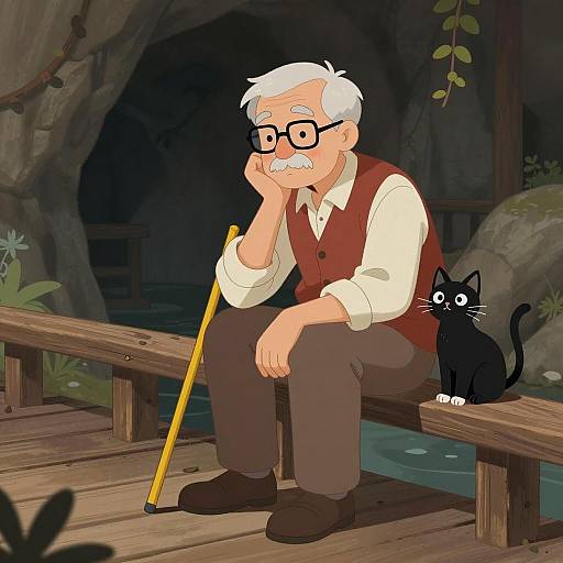 Elderly Man on Bridge with Cat