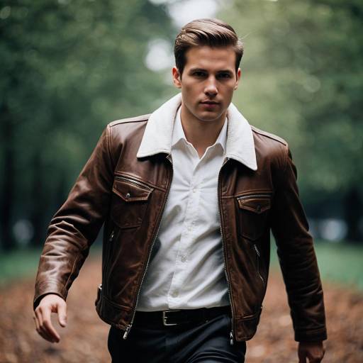 Stylish man in brown leather jacket walking outdoors