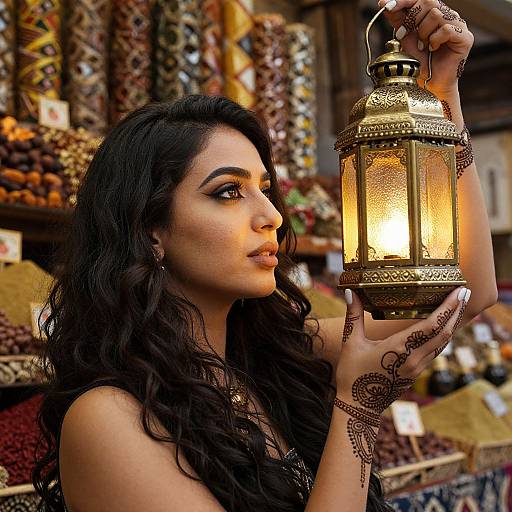 Photograph of a dark-haired woman with intricate henna designs, holding a glowing lantern, standing in a colorful spice market.