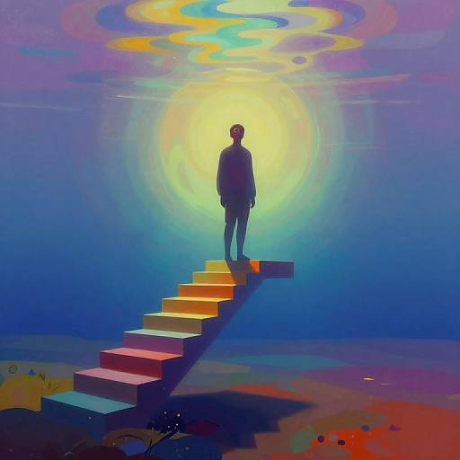 Digital art of a silhouetted person standing on a rainbow staircase, bathed in a glowing, colorful, cosmic sky.