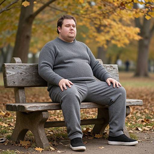 Obese Man on Autumn Park Bench
