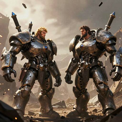 Digital artwork of two muscular, bearded men in massive, silver, armor suits with blue accents, standing in a sunlit, ruined, debris-filled
