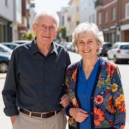 Photograph of an elderly white couple standing on a sunny urban street; the man in a dark shirt and beige pants, the woman in a blue blouse