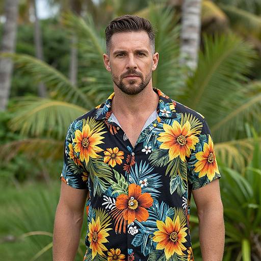 Confident Man in Tropical Floral Shirt