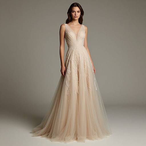 Photograph of a woman with long dark hair in a sleeveless, floor-length, ivory lace and tulle wedding gown with a deep V-neck,