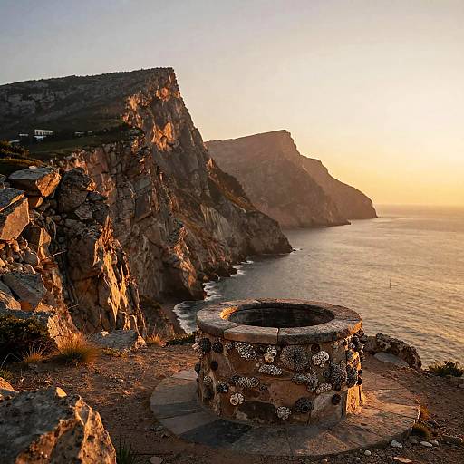 Sunset Seaside Cliff with Stone Well