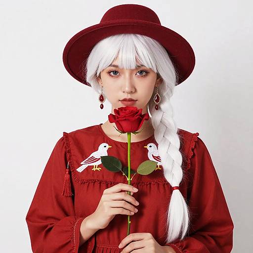 White-Haired Girl with Red Rose