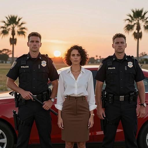 Sunset Scene with Police Officers and Woman