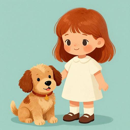 Digital illustration of a cute, brown-haired girl in a white dress and brown shoes, standing beside a fluffy, brown and beige puppy with a red collar